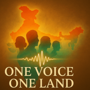 One Voice, One Land” song lyrics about unity in Bharat, celebrating Indian languages like Sanskrit, Hindi, Tamil, Telugu, and more — a call for one national language born in India.