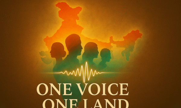 One Voice, One Land” song lyrics about unity in Bharat, celebrating Indian languages like Sanskrit, Hindi, Tamil, Telugu, and more — a call for one national language born in India.